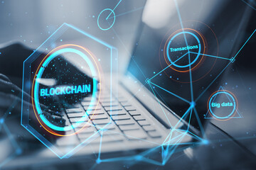 Poster - Close up of hands using laptop keyboard with creative polygonal blockchain hologram on blurry background. Technology, crypto, financial data and fintech concept. Double exposure.