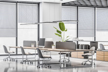 Modern Office Interior With Blinds, Panoramic City View, Furniture And Equipment. Workplace Concept. 3D Rendering.