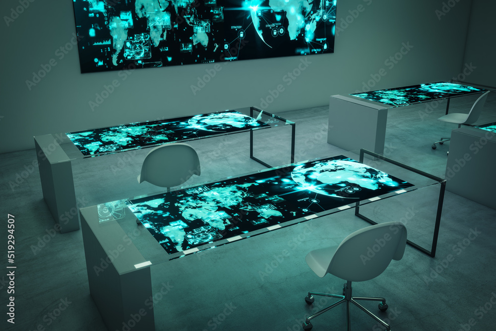 Empty gray interior with interactive screens on wall and desks. Future ...