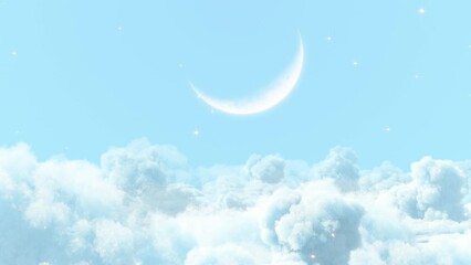 Wall Mural - flying passing cloud with moon. passing soft clouds with crescent moon and light blue sky on a seaml