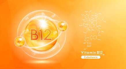 Wall Mural - Vitamin B12 orange and structure. Pill vitamins complex and bubble collagen serum chemical formula. Beauty treatment nutrition skin care design. Medical and scientific concepts. 3D Vector EPS10.