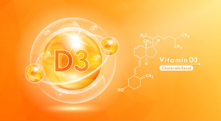 Wall Mural - Vitamin D3 orange and structure. Pill vitamins complex and bubble collagen serum chemical formula. Beauty treatment nutrition skin care design. Medical and scientific concepts. 3D Vector EPS10.