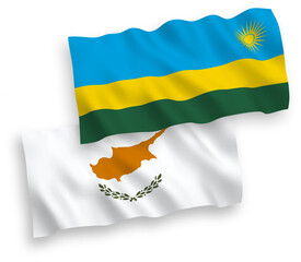 National vector fabric wave flags of Cyprus and Republic of Rwanda isolated on white background. 1 to 2 proportion.