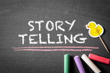 Wall Mural - story telling. text and colored pieces of chalk on a blackboard