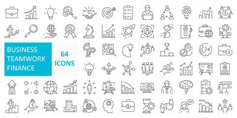Wall Mural - Set of 64 business teamwork finance icons, team building, work group and human resources. Outline icons collection. Line style - vector illustration