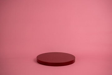Poster - Empty podium for display cosmetic product. Platform arrangement in pink pastel color in trendy minimalist style. Composition of cylinders and cubes layout for feminine background
