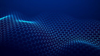 Wall Mural - Futuristic blue wave of hexagonal grid on a blue background. The concept of big data. Network connection. Cybernetics and artificial intelligence. 3d rendering.
