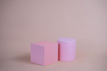 Poster - Empty podium for display cosmetic product. Platform arrangement in pink pastel color in trendy minimalist style. Composition of cylinders and cubes layout for feminine background