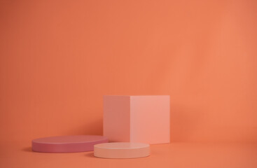 Poster - Empty podium for display cosmetic product. Platform arrangement in pink pastel color in trendy minimalist style. Composition of cylinders and cubes layout for feminine background