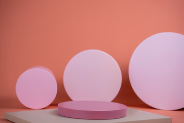 Poster - Empty podium for display cosmetic product. Platform arrangement in pink pastel color in trendy minimalist style. Composition of cylinders and cubes layout for feminine background