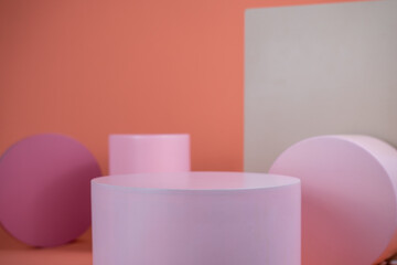 Poster - Empty podium for display cosmetic product. Platform arrangement in pink pastel color in trendy minimalist style. Composition of cylinders and cubes layout for feminine background