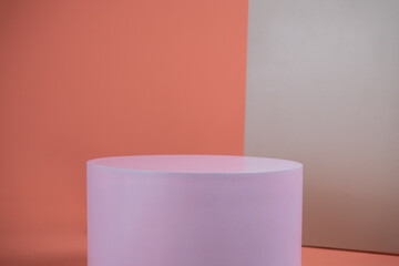 Poster - Empty podium for display cosmetic product. Platform arrangement in pink pastel color in trendy minimalist style. Composition of cylinders and cubes layout for feminine background
