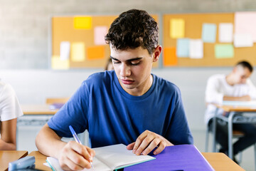 Male pupil student studying at desk in school classroom - Education at high school concept