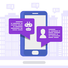 Wall Mural - Vector chat bot concept isometric style modern color with mobile on city background for communication, web concept, chatting technology, connection. Vector Illustration 10 eps