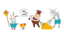 Cute Animals Working On Farm Set. Adorable Goatling Holding Birdhouse, Calf And Donkey Stacking Hay With Pitchforks Cartoon Vector Illustration