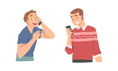 Sticker - Young people using smartphones set. Smiling men talking and looking at phone screen cartoon vector illustration