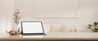 canvas print picture White marble tabletop with tablet mockup and copy space over blurred minimal white living room