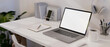 canvas print picture Modern white office desk with laptop mockup and office accessories. close-up image.
