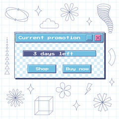 Fototapete - Retro window with progress bar and buttons - shop, buy now. Nostalgic aesthetics of an old computer.Retro 90s user interface. rutalism, y2k decorative elements. Vector illustration on a notebook sheet
