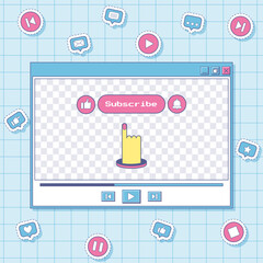 Fototapete - The player window with buttons. Retro UI design. Aesthetics of the user interface of an old computer. Y2k decorative stickers with icons - play, like, bell, comment, pause. Vector illustration on blue