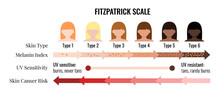 Fitzpatrick Skin Tone Scale Phototype Melanin Index With Female Avatar. Chart Element With Type I II III IV V IV Human Skin Hair Color Melanin Content In The Cell Cancer Risk Flat Vector Illustration