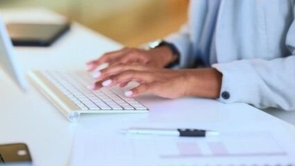 Poster - A businesswomans hands typing on a keyboard while sitting at a desk and sending an email in an office. Financial advisor doing online research for a budget plan and communicating with clients