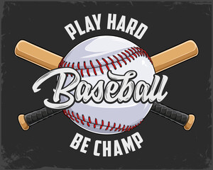 Hand drawn Baseball ball with red lacing and two crossed softball bats, play hard and be champ