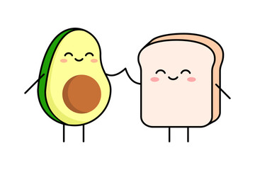 Avocado Toast Breakfast. Best Friends Forever, BFF. Toast and avocado holding hands. Happy cartoon food characters. Healthy eating concept. White background. Vector illustration, outline, clip art. 