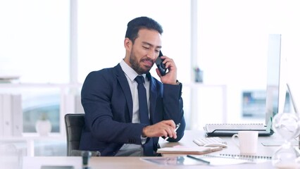 Poster - A business man planning a meeting in his schedule with a client on the phone. Male executive worker having funny conversation and making notes of information. Networking with clients via a call