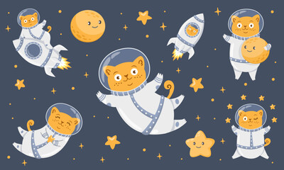 Wall Mural - Vector cartoon set. Cute astronaut cats flying in space. Moon, stars, spaceship. Kittens flying on rockets. 