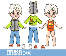 Wall Mural - Cartoon blond boy dressed and clothes separately - T-shirt with long sleeve, jeans, quilted padded vest and sneakers doll for dressing