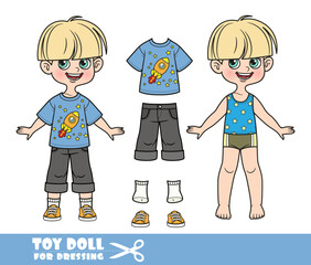 Sticker - Cartoon pot-trimmed boy dressed and clothes separately - T-shirt with rocket in space, long black denim shorts and orange sneakers doll for dressing