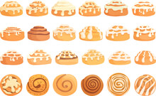 Cinnamon Roll Bun Icons Set Cartoon Vector. Food Baked. Bread Bakery