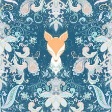 Seamless Ethnic Luxury Damask Pattern Fox And Floral Paisley Pastel Colors Detail Vintage Tile On Dark Teal Background
