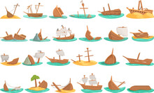 Shipwreck Icons Set Cartoon Vector. Sea Island. Beach Boat