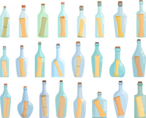 Wall Mural - Message in the bottle icons set cartoon vector. Paper cork. Sea glass