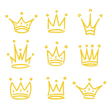 Gold Crown Icon Set Hand Drawn Style Isolated On White Background For Queen Logo, Princess Diadem Symbol, Doodle Illustration, Pop Art Element, Beauty And Fashion Shopping Concept. Vector 10 Eps