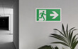 Fire exit sign in the corridor of the building with a plant. Emergency arrow on the right. 