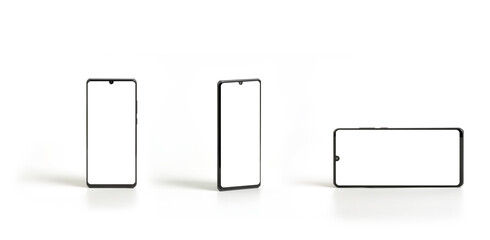Aufkleber - Black modern smartphone mockup. Mobile smart phone technology three views, blank screen studio shot isolated on over white background with clipping paths for each phone and screen