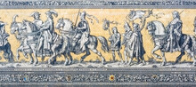 The Fürstenzug (Procession Of Princes) Porcelain Tiles In Dresden Germany. It Is A Large Mosaic Of A Mounted Procession Of The Rulers Of Saxony.