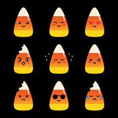 Wall Mural - Set, collection, pack of candy corn emoji, vector cartoon style icons of candy corn, halloween sweets characters with different facial expressions, happy, sad, joyful, wearing sunglasses.