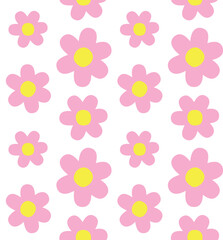 Wall Mural - Vector seamless pattern of pink hand drawn flat flowers isolated on white background