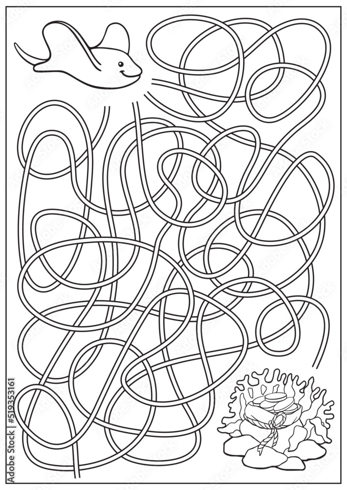 Stingray Riddle Coloring book with maze game and labyrinth for children. Find way for ...