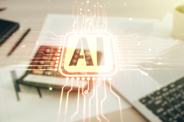 Poster - Abstract virtual artificial Intelligence symbol hologram on calculator and laptop background. Multiexposure