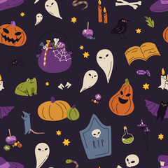 Poster - Seamless Halloween pattern. Repeating holiday print with cute spooky pumpkins, hat, bat, skull. Endless Helloween background. Printable texture design for wrapping. Colored flat vector illustration
