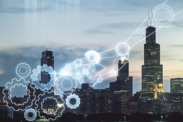 Poster - Abstract virtual robotics technology hologram on Chicago skyline background. Robot development and automation concept. Multiexposure