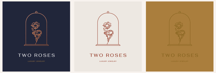 Elegant vector logo template of a rose flower in a vase in two color variations. Abstract symbol in a linear style for cosmetics and packaging, jewelry, handicrafts or beauty products.