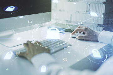 Aufkleber - Creative lock illustration with microcircuit and hands typing on computer keyboard on background, cyber security concept. Multiexposure