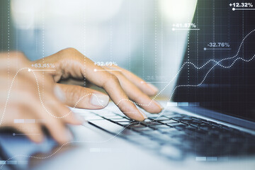 Fototapete - Abstract creative analytics data spreadsheet with hands typing on laptop on background, analytics and analysis concept. Multiexposure