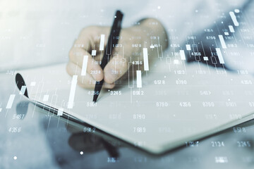 Aufkleber - Double exposure of abstract creative statistics data hologram with man hand writing in notepad on background, analytics and forecasting concept